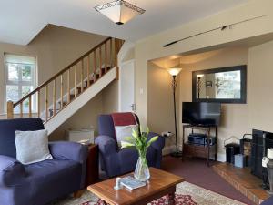 Una sala de estar con dos sillas azules y un televisor. en Cottage 460 - Clifden, en Clifden