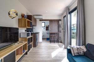 sala de estar con sofá y cocina en Tiny House Saint Cyr sur Menthon, en Saint-Cyr-sur-Menthon