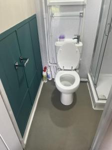 łazienka z toaletą i zielonymi drzwiami w obiekcie Beachabour Hotel w mieście Great Yarmouth