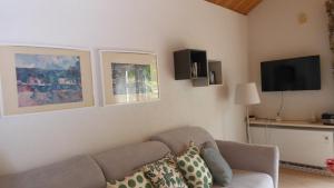 ein Wohnzimmer mit einem Sofa und einem Flachbild-TV in der Unterkunft Landleben - Ferienhaus 2 in Fritzlar