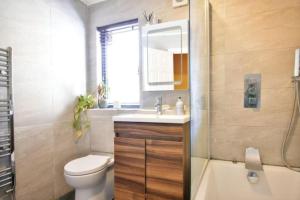 a bathroom with a toilet and a sink and a shower at Modern 2 bed flat with gardens in London