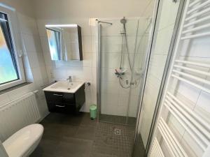 a bathroom with a shower and a toilet and a sink at G11 Eingezäuntes Neubau-Haus in Eckwarderhörne in Großwürden