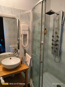 ein Bad mit einer Dusche und einem Waschbecken in der Unterkunft Auberge Du Parc in Orgon