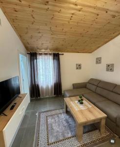 sala de estar con sofá y mesa de centro en Qyteza Guest House & Camping en Shkodër