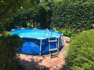 a blue hot tub in a garden with bushes at El Nogal De Nieva in Nieva