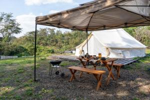 einen Picknicktisch unter einem Zelt mit einem Grill in der Unterkunft Glamchette Okayama -Glamping & Auto Camp- - Vacation STAY 19593v in Mimasaka