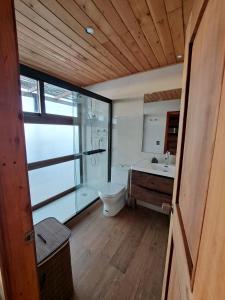 a bathroom with a toilet and a shower and a sink at Casa hermosa vista in Boca Pupuya