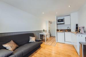 uma sala de estar com um sofá e uma cozinha em Punta Helbronner Furnished studio em Saint-Gervais-les-Bains