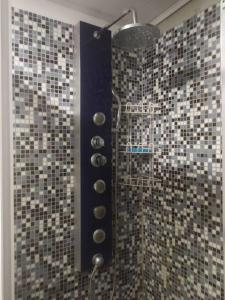 a shower in a bathroom with a tiled wall at Villawolf Casa para 5 personas in Federación