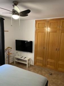 a bedroom with a bed and a flat screen tv at Casa Luna in La Drova