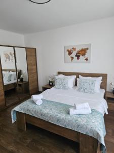 a bedroom with a large bed and a mirror at Apartament Lily in Alba Iulia