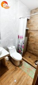La salle de bains est pourvue de toilettes et d'un rideau de douche. dans l'établissement NatAle Residencial - Departamento Segundo Piso con cochera, à Tacna