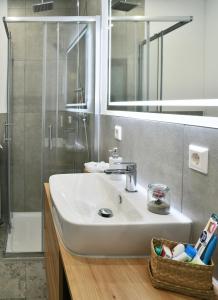 ein Bad mit einem Waschbecken und einer Dusche in der Unterkunft Appartement im Grünen, zentral in Biberach in Biberach an der Riß