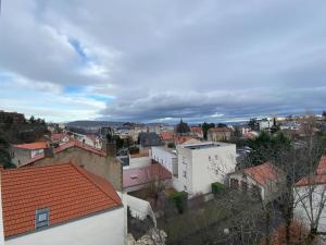 Blick auf eine Stadt mit Dächern und Gebäuden in der Unterkunft Joli studio vers les thermes, Anatole France -Royat in Royat