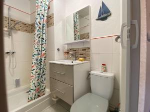 ein Bad mit einem WC, einem Waschbecken und einer Dusche in der Unterkunft Joli studio vers les thermes, Anatole France -Royat in Royat