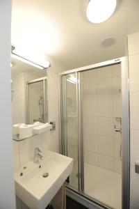 uma casa de banho com um lavatório e um chuveiro em Hotel Freihof Swiss Lodge em Unterägeri