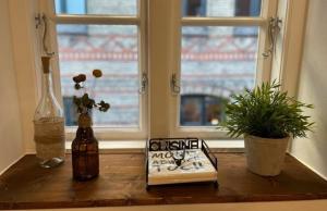 een boek op een tafel naast een raam bij Matrosenkoje in Flensburg