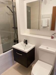 a bathroom with a sink and a toilet and a mirror at Bright and Beautiful 2BDR Central London Flat in London