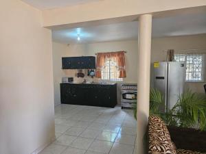 a kitchen with black cabinets and a stainless steel refrigerator at The Kozy Kotch in Montego Bay