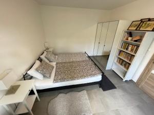 een kleine kamer met een bed en een boekenplank bij NOVÝ HORSKÝ APARTMÁN v Jizerských Horách in Hejnice