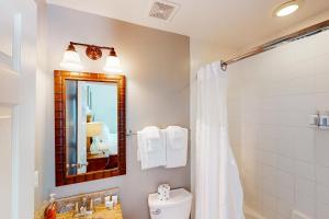 a bathroom with a shower and a toilet and a mirror at Coconut House in Duck Key