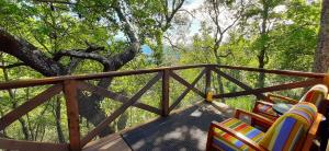 a deck with chairs and a tree in the woods at Casa de Chouselas in Vilela