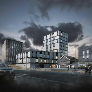 una representación de un edificio alto en una ciudad en Hotel Aurora Apartments, en Nuuk