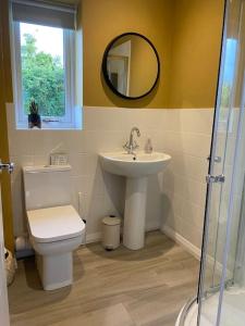 een badkamer met een wastafel, een toilet en een spiegel bij Garden Room Dormston in Kington