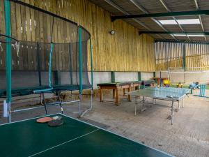 una stanza con due tavoli da ping pong e una palla da ping pong di The Old Dairy a Shrewsbury