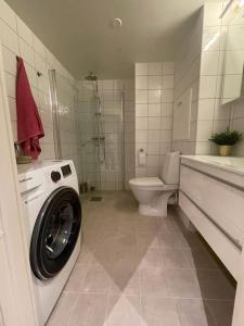 a bathroom with a washing machine and a toilet at Scandpoint Apartment Exquisite & Homely Flat in Lillestrom Center Oslo with Parking in Lillestrøm