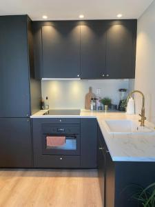 a kitchen with black cabinets and a sink at Scandpoint Apartment Exquisite & Homely Flat in Lillestrom Center Oslo with Parking in Lillestrøm