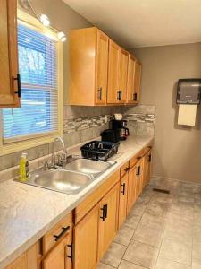 uma cozinha com um lavatório, armários de madeira e uma janela em The Woodland Villa em Kansas City