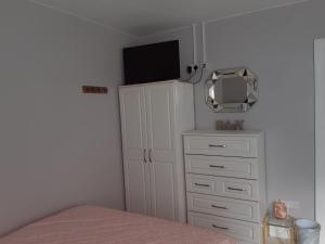 1 dormitorio con 1 cama y vestidor con TV en Haven Apartment, en Cork
