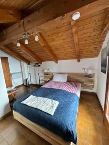 Un dormitorio con una cama azul en una habitación con techos de madera. en ROOM BELVEDERE, en Miazzina