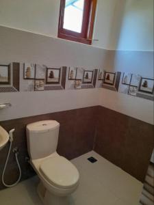 a bathroom with a toilet and a sink and pictures on the wall at Villa roma, panadura in Panadura
