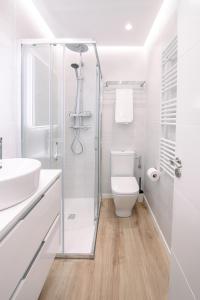 y baño blanco con ducha y aseo. en Apartamentos Casalarreina, en Casalarreina