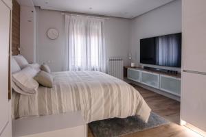 1 dormitorio blanco con 1 cama y TV de pantalla plana en Apartamentos Casalarreina, en Casalarreina