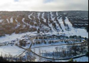 an aerial view of a snow covered valley with trees at Aquatopia Waterpark-Pool-Tennis-Paintball- ZipLine 127 in Tannersville