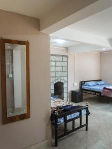 a room with a fireplace and a bed and a mirror at Homestay Darjeeling in Darjeeling