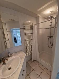 uma casa de banho com um lavatório e um chuveiro em Waldoase im Herzen des Teutoburger Waldes - Handwerker auf Anfrage em Bad Iburg