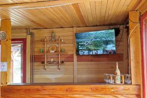 um quarto com uma televisão de ecrã plano numa parede de madeira em Moonlight Chalet Brasov em Codlea