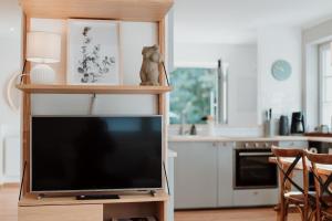 TV de pantalla plana con soporte de madera en la cocina en Spreewaldhaus am Landgut - Das Haupthaus, en Markische Heide