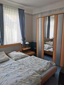 una camera con un grande letto e uno specchio di Villa an der Wetterstation a Tabarz