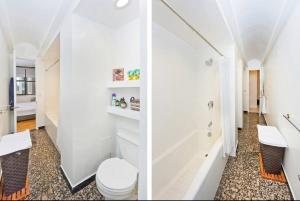 two images of a bathroom with a toilet and a shower at Amazing 1300sf Loft By Union Sq in New York