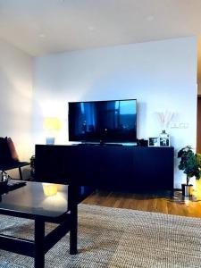 ein Wohnzimmer mit einem Flachbild-TV auf einem Entertainment-Center in der Unterkunft Lovely 2 bedroom apartment with a large own patio in Garðabær