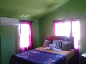 a small bedroom with a bed with two windows at Cheerful 2-Bedroom Home in Falmouth Garden in Falmouth