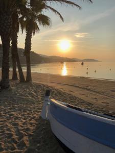 a boat on a beach with palm trees and the sunset at Saint clair in Le Lavandou
