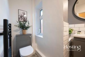 a bathroom with a toilet and a sink and a mirror at Stylish 2 Bedroom Apartment Close To The River & Station in Henley on Thames