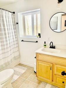 een badkamer met een toilet, een wastafel en een spiegel bij Iron Gate Chalet - 5 Minutes to Smugglers Notch! in Cambridge