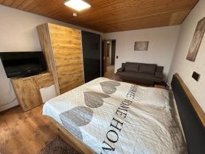 上斯陶芬的住宿－Schöne 2 1/2 Zimmer Ferienwohnung in Oberstaufen - Hoamatle -，一间卧室配有一张床、一张沙发和一台电视